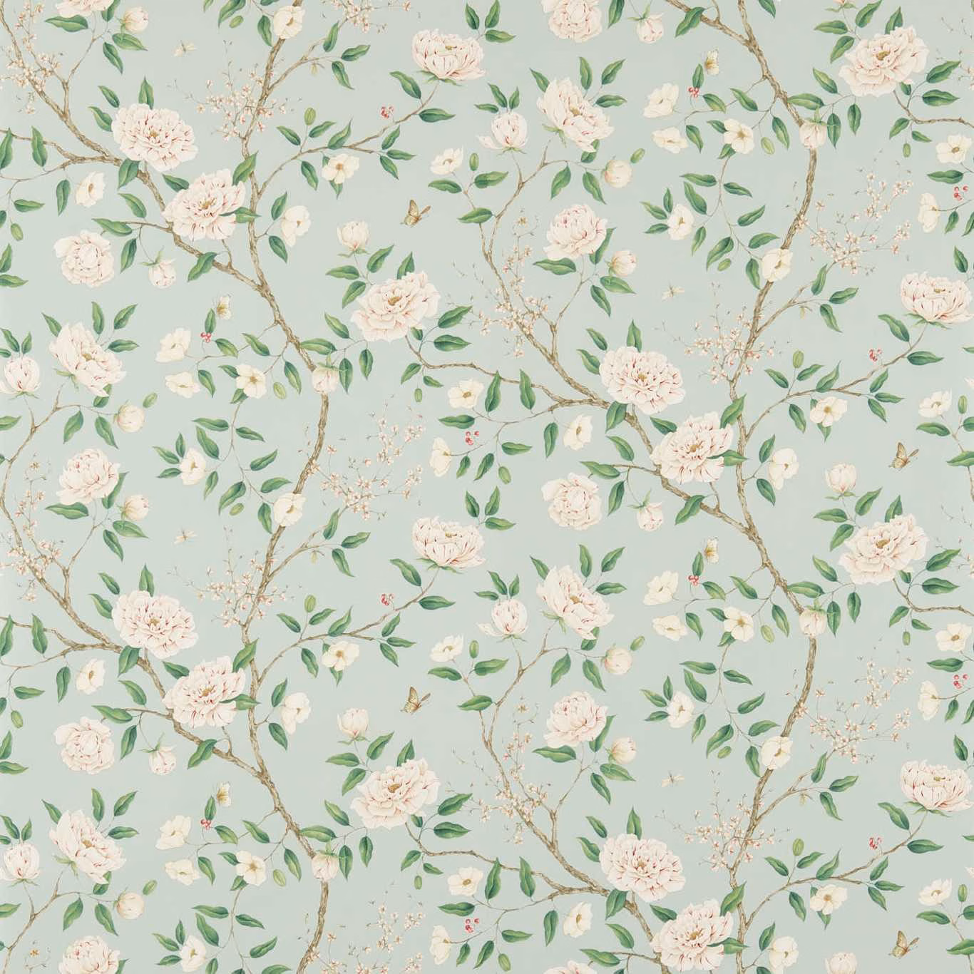 Pale sea-green wallpaper with cream peonies, leafy branches and fine twig detail