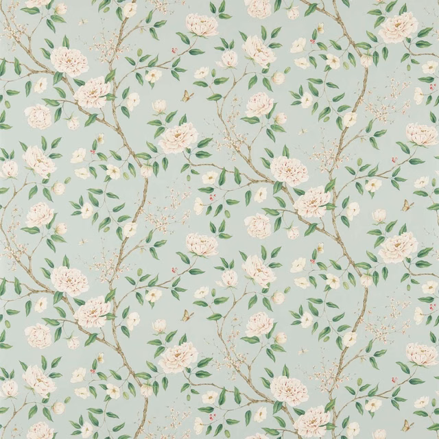 Pale sea-green wallpaper with cream peonies, leafy branches and fine twig detail