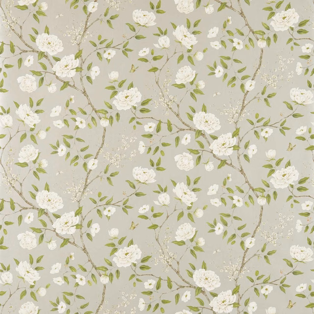 Pale silver-grey wallpaper with white flowers, sage leaves and branching stems