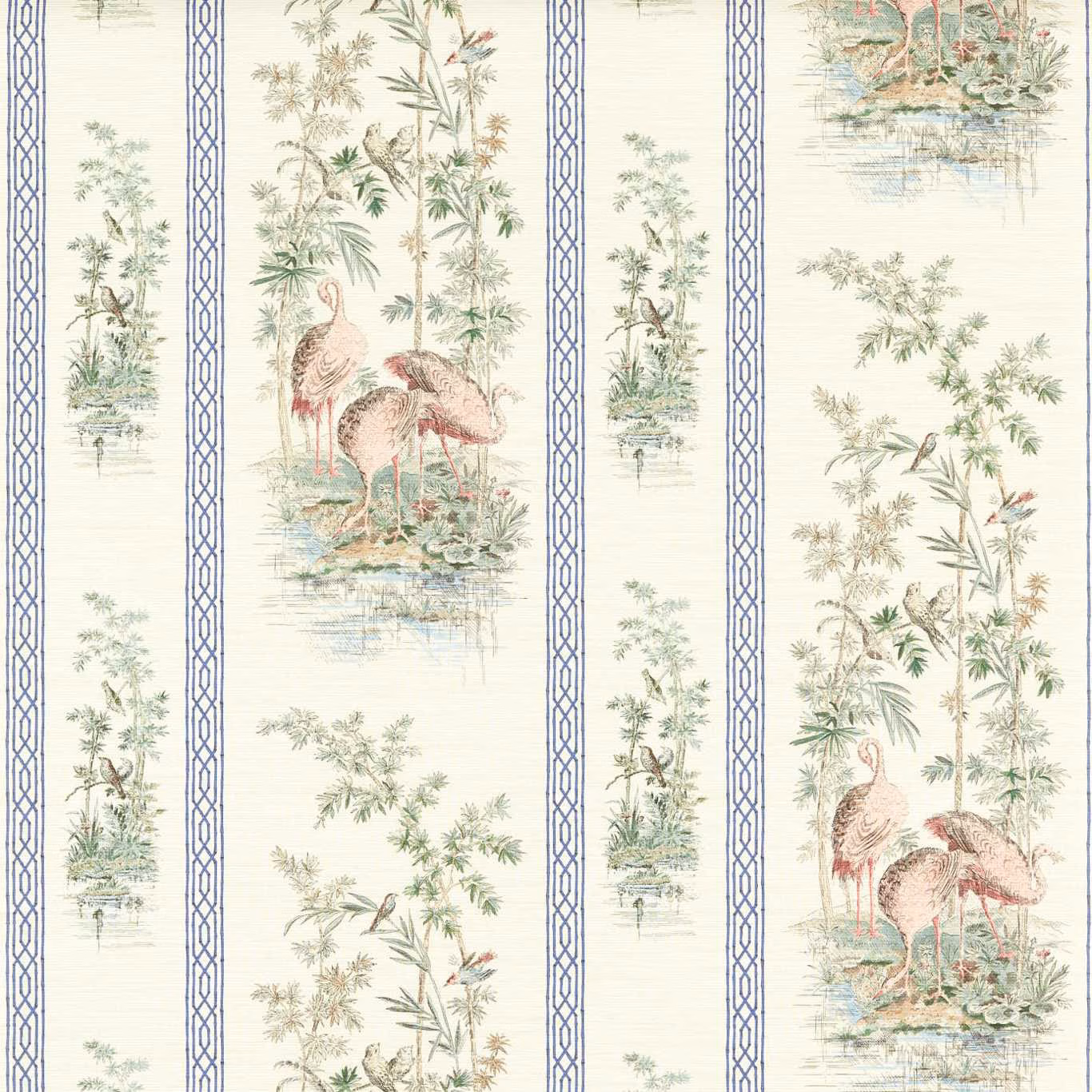 Cream wallpaper with Tuscan pink storks, foliage and cobalt trellis borders
