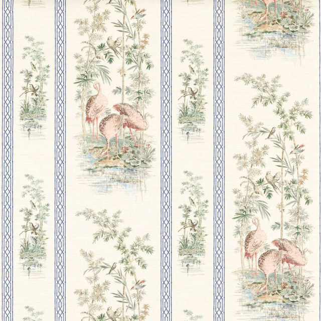 Cream wallpaper with Tuscan pink storks, foliage and cobalt trellis borders