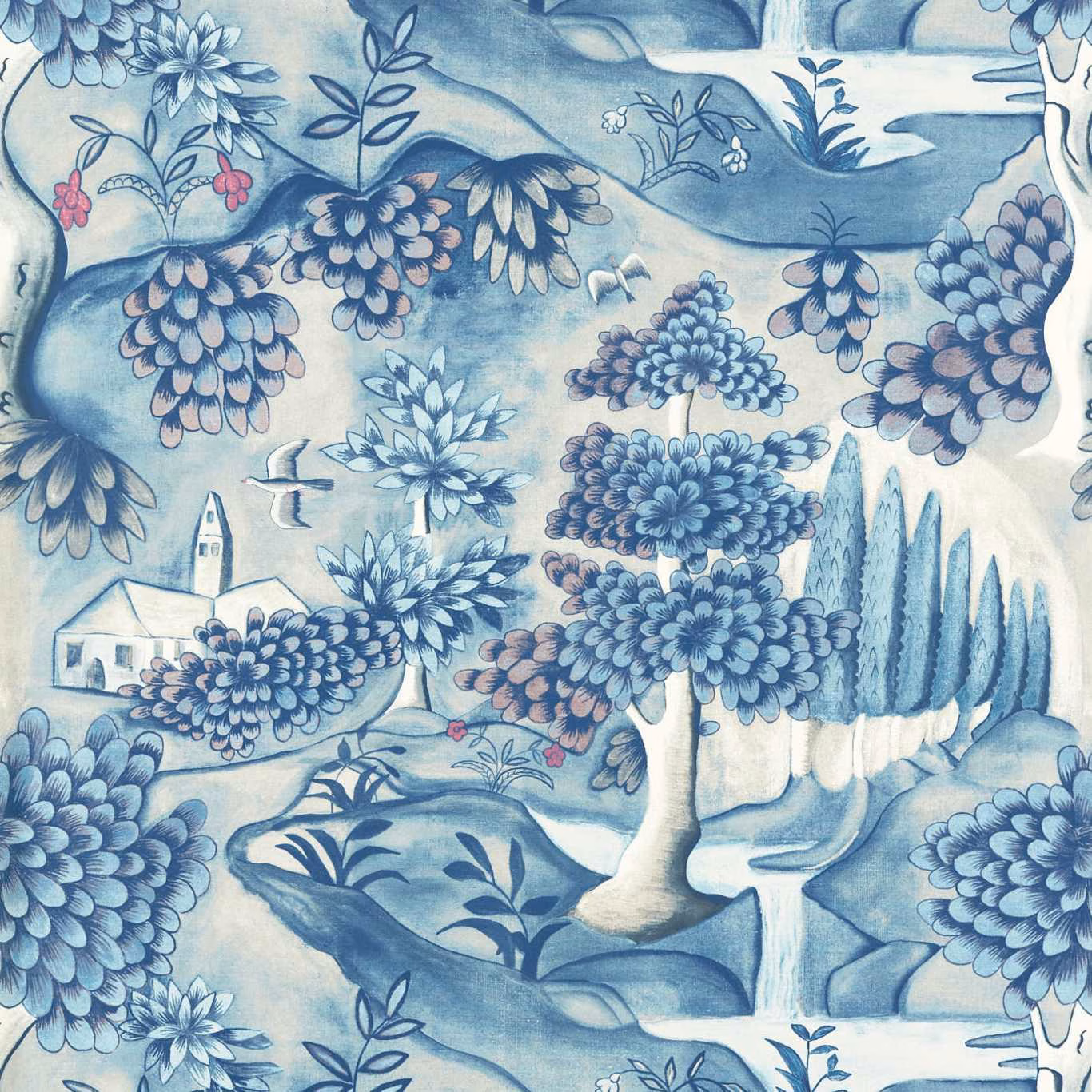 Muted indigo scenic wallpaper with clustered flowers, hills, water, trees and a small pale house