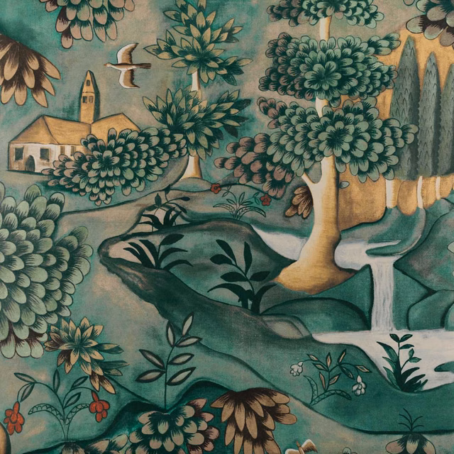 Muted verdure-green scenic wallpaper with flowering trees, birds, stream and waterfall