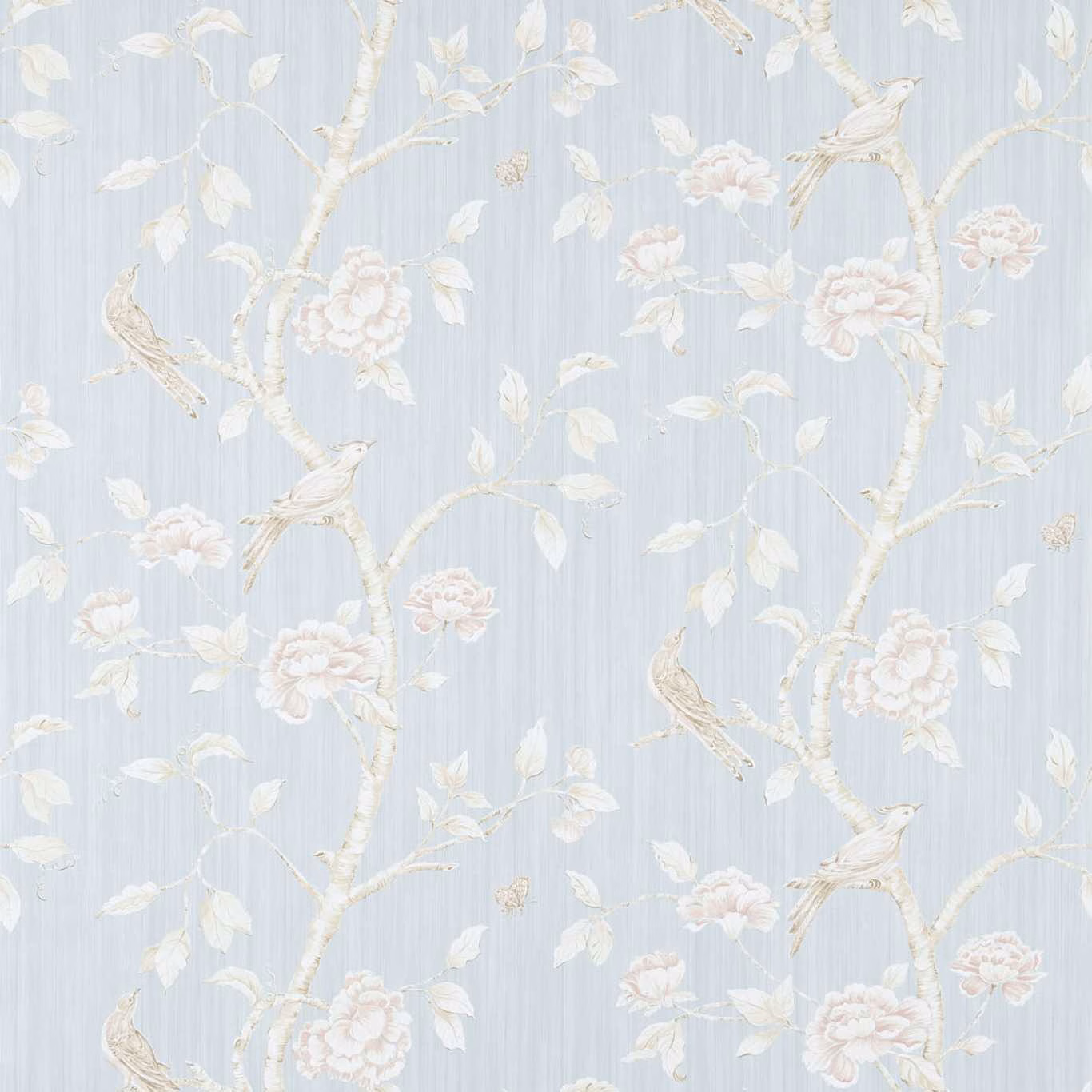 Powder blue wallpaper with chinoiserie birds, flowering branches and blush peonies