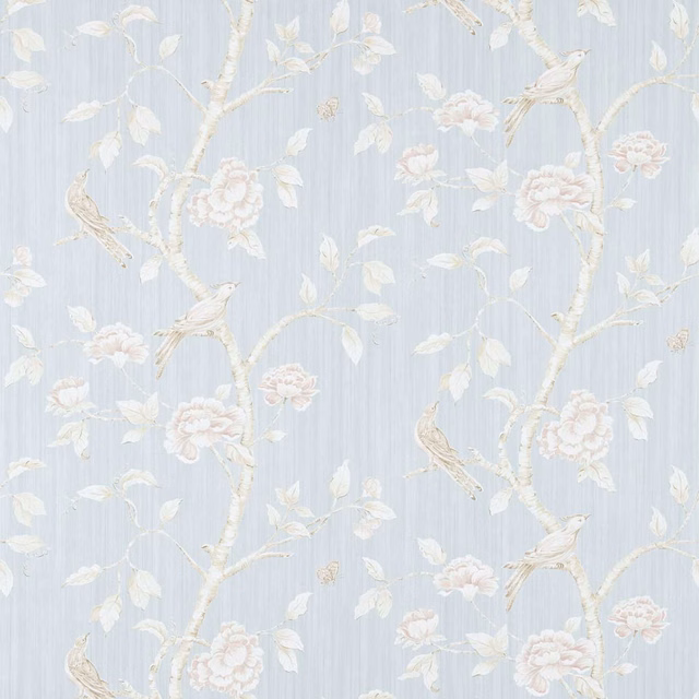Powder blue wallpaper with chinoiserie birds, flowering branches and blush peonies