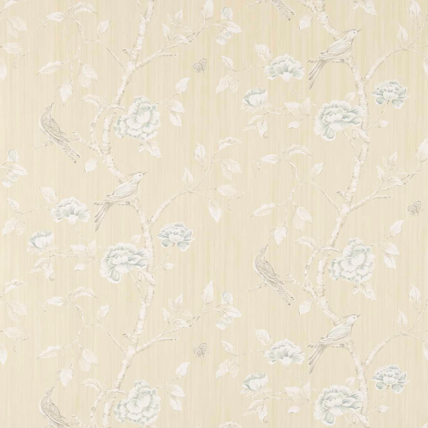 Pale pebble-beige wallpaper with blue-grey birds, blossom branches and vertical strié texture