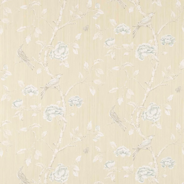 Pale pebble-beige wallpaper with blue-grey birds, blossom branches and vertical strié texture