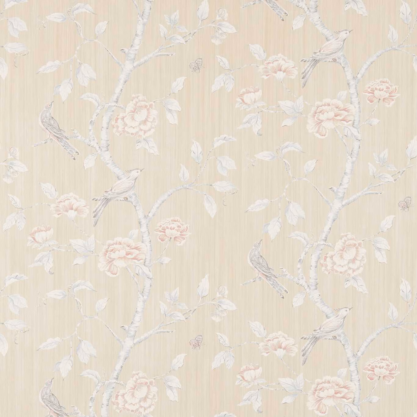 Warm White Clay wallpaper with blush blossoms, grey branches, pale leaves and perched birds