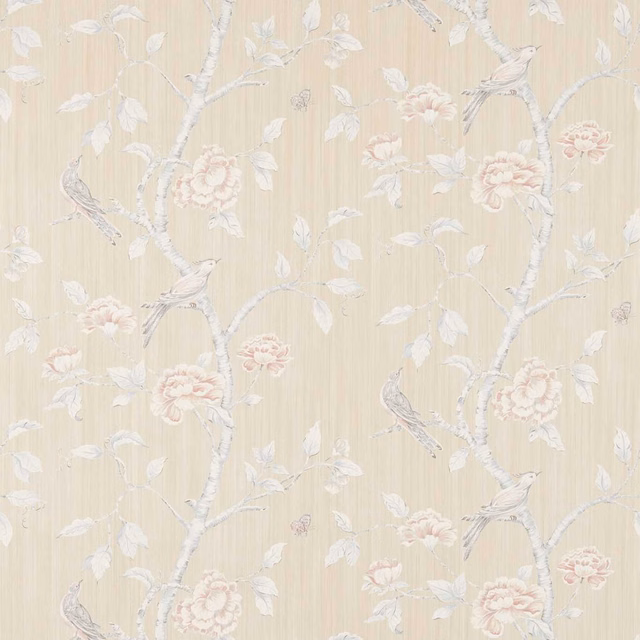 Warm White Clay wallpaper with blush blossoms, grey branches, pale leaves and perched birds