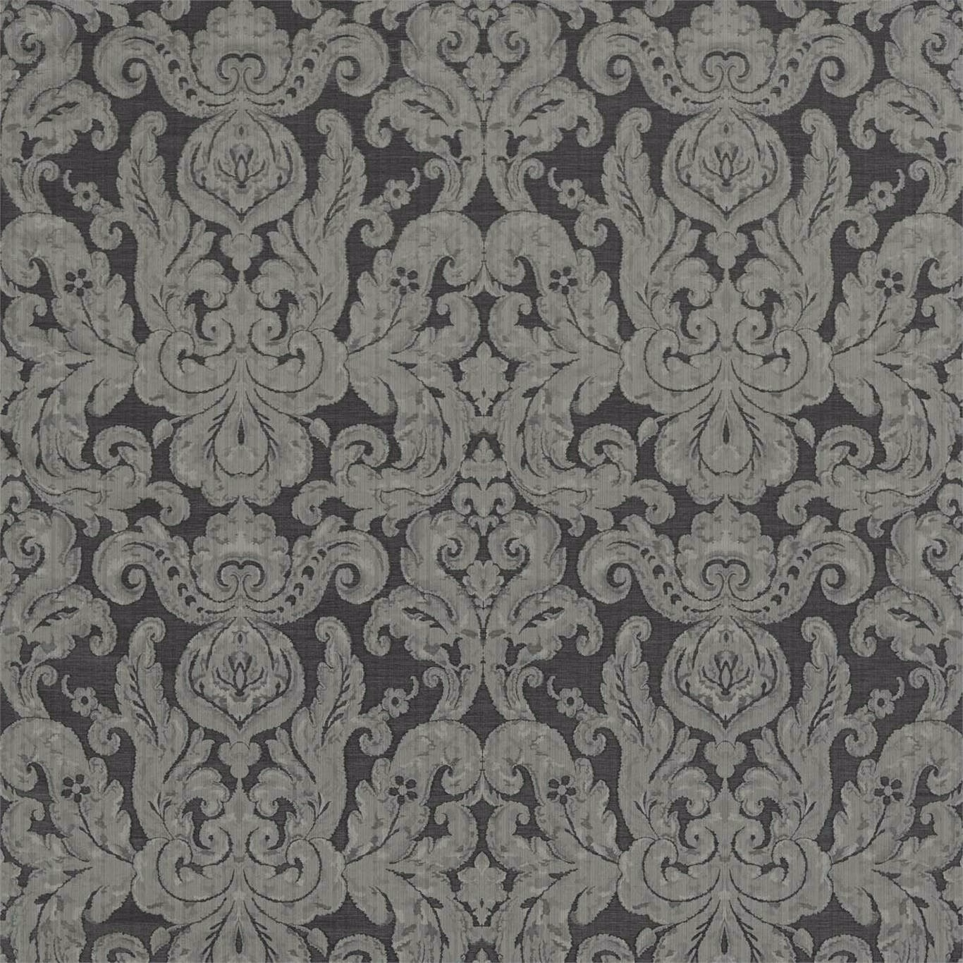 Charcoal grey woven damask with muted silver acanthus scrolls and symmetrical ornament