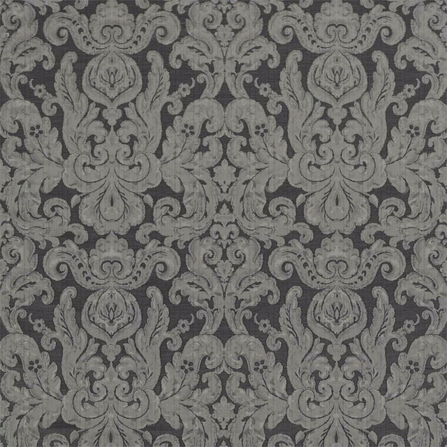 Charcoal grey woven damask with muted silver acanthus scrolls and symmetrical ornament