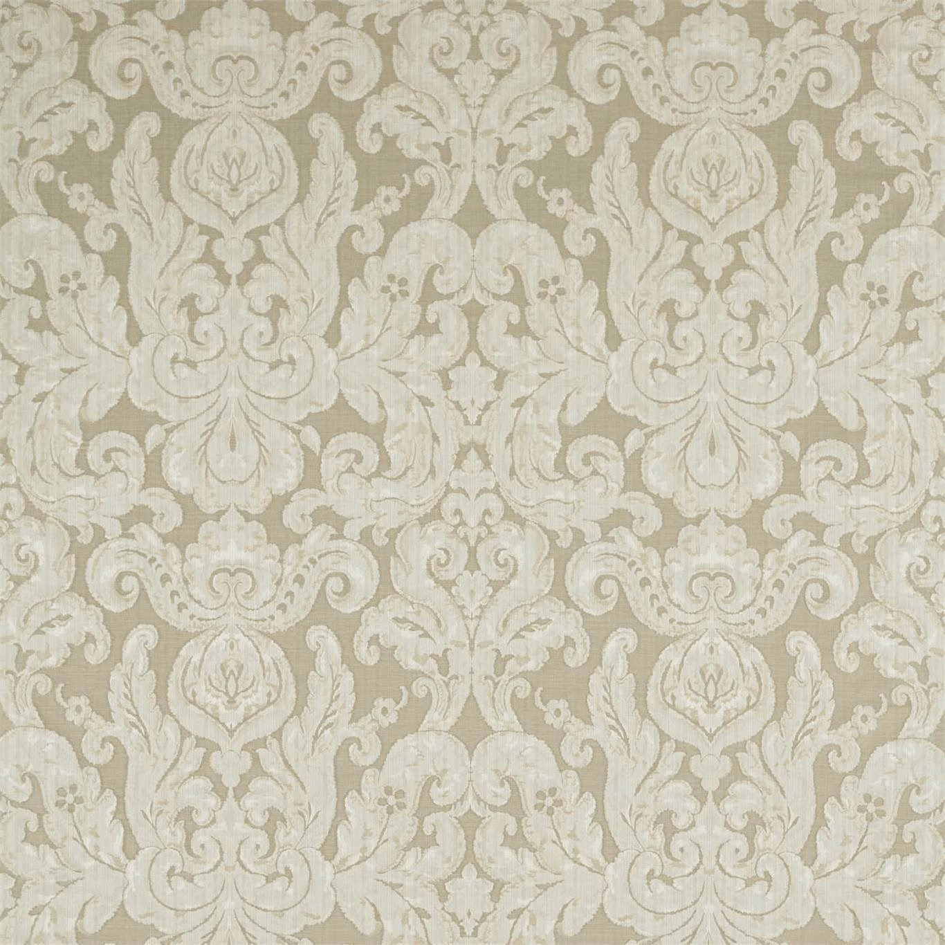 Pale stone-grey damask with ivory acanthus scrolls and softly textured woven detail