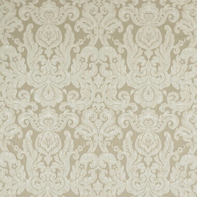 Pale stone-grey damask with ivory acanthus scrolls and softly textured woven detail