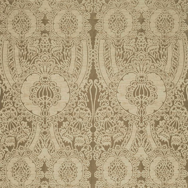 Muted taupe damask weave with pale scrolling medallions and visible tonal texture