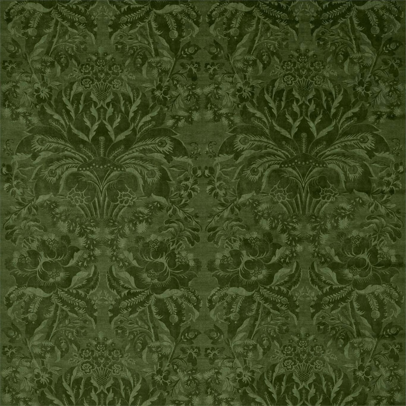 Deep olive velvet with tonal botanical damask, scrolling foliage and urn motifs