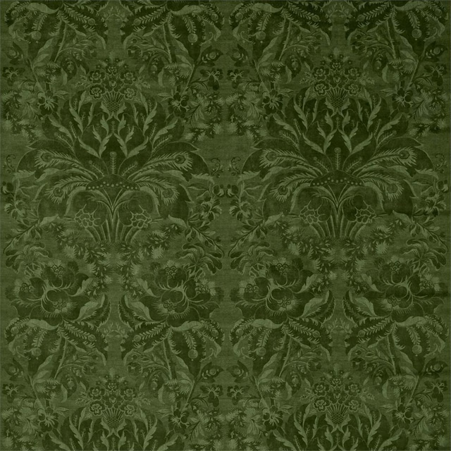 Deep olive velvet with tonal botanical damask, scrolling foliage and urn motifs