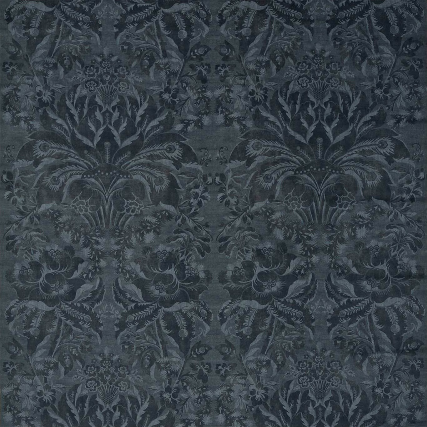 Smoky slate blue velvet with an ornate botanical damask and subtle sheen