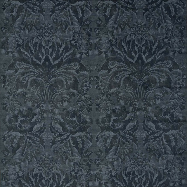 Smoky slate blue velvet with an ornate botanical damask and subtle sheen