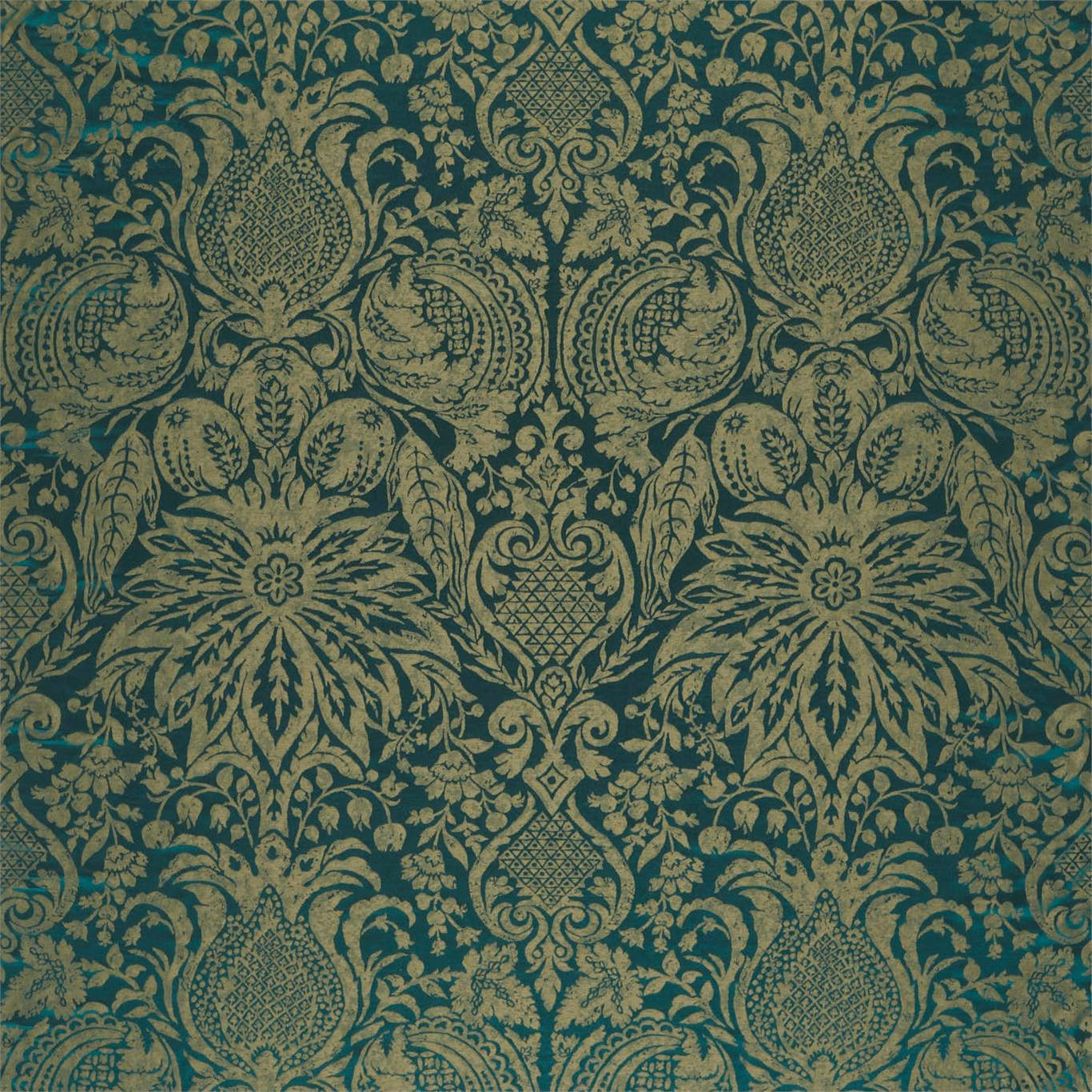Deep malachite teal damask with muted-gold floral and pomegranate motifs