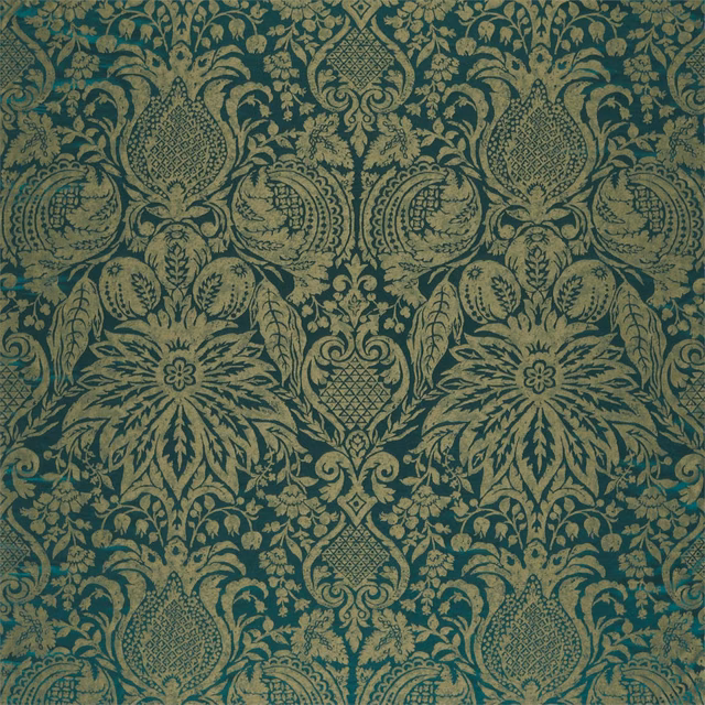 Deep malachite teal damask with muted-gold floral and pomegranate motifs