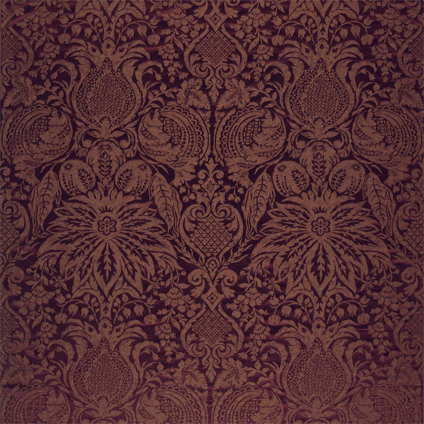 Deep aubergine damask with scrolling florals, medallions and a dense woven texture