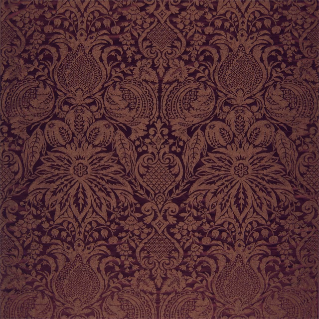 Deep aubergine damask with scrolling florals, medallions and a dense woven texture