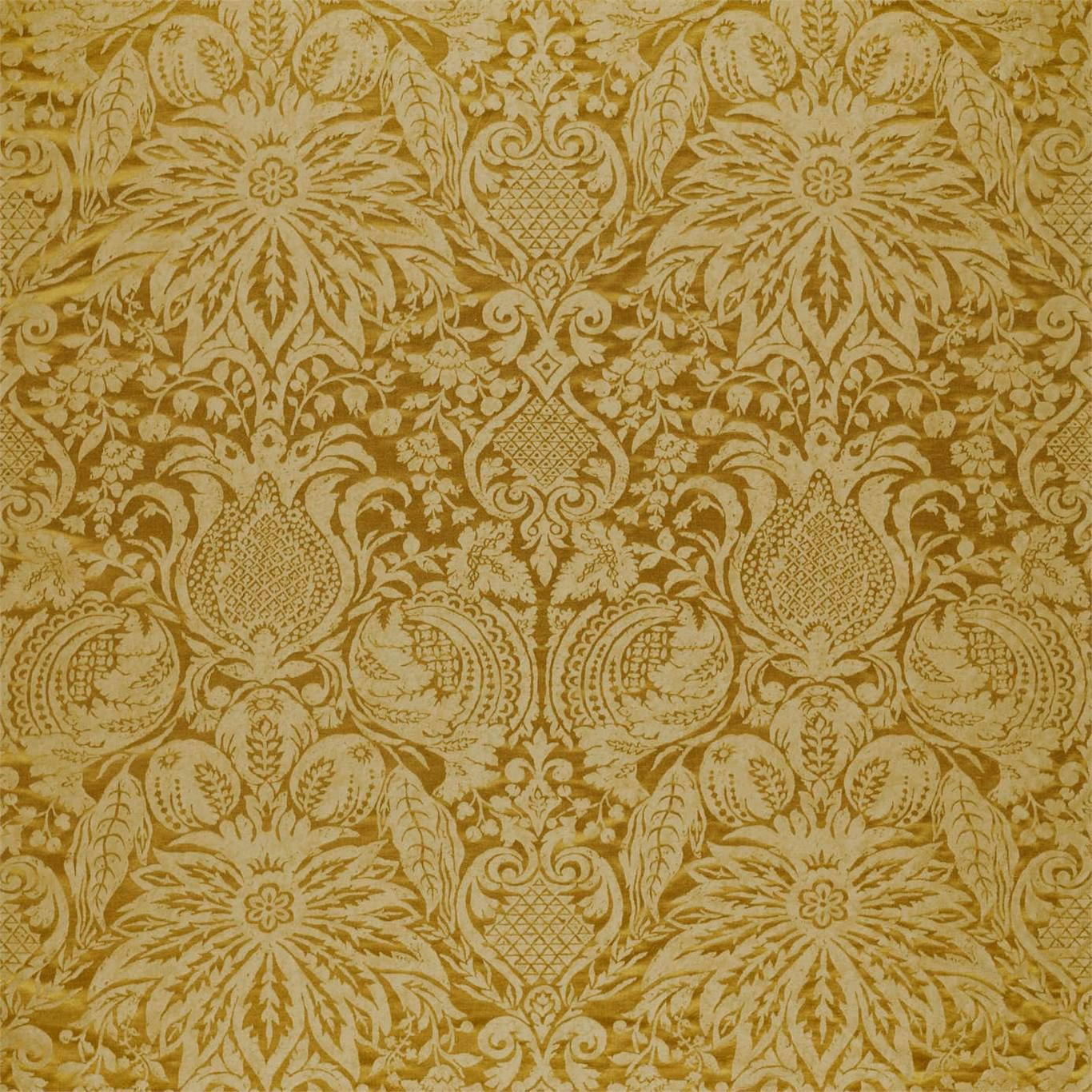 Warm ochre-gold damask weave with pomegranates, rosettes and scrolling foliage