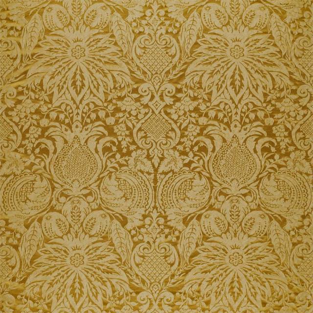 Warm ochre-gold damask weave with pomegranates, rosettes and scrolling foliage