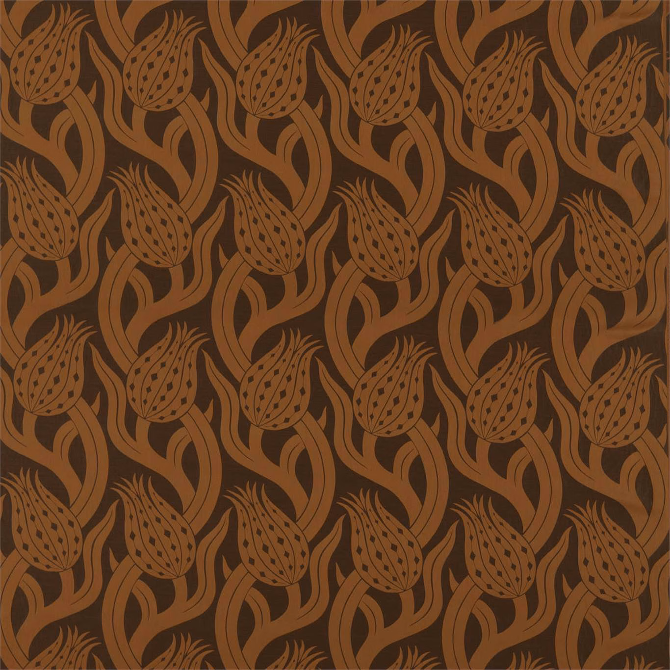 Dark chocolate textile with repeating copper tulip-paisley blooms and curling stems