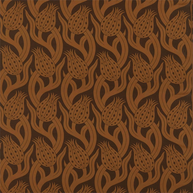 Dark chocolate textile with repeating copper tulip-paisley blooms and curling stems