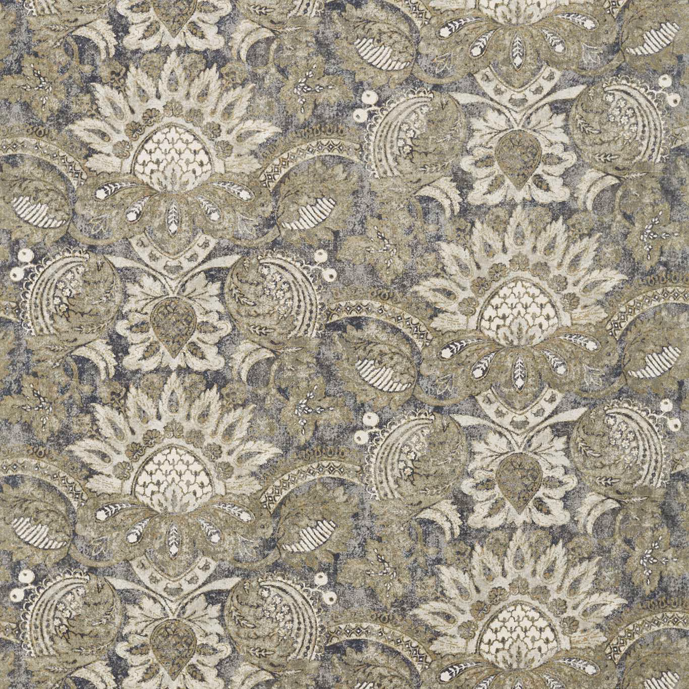 Gargoyle-grey and bone-black damask medallions on a mottled textured fabric ground