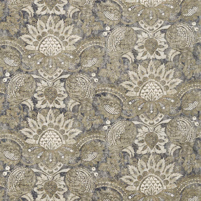 Gargoyle-grey and bone-black damask medallions on a mottled textured fabric ground