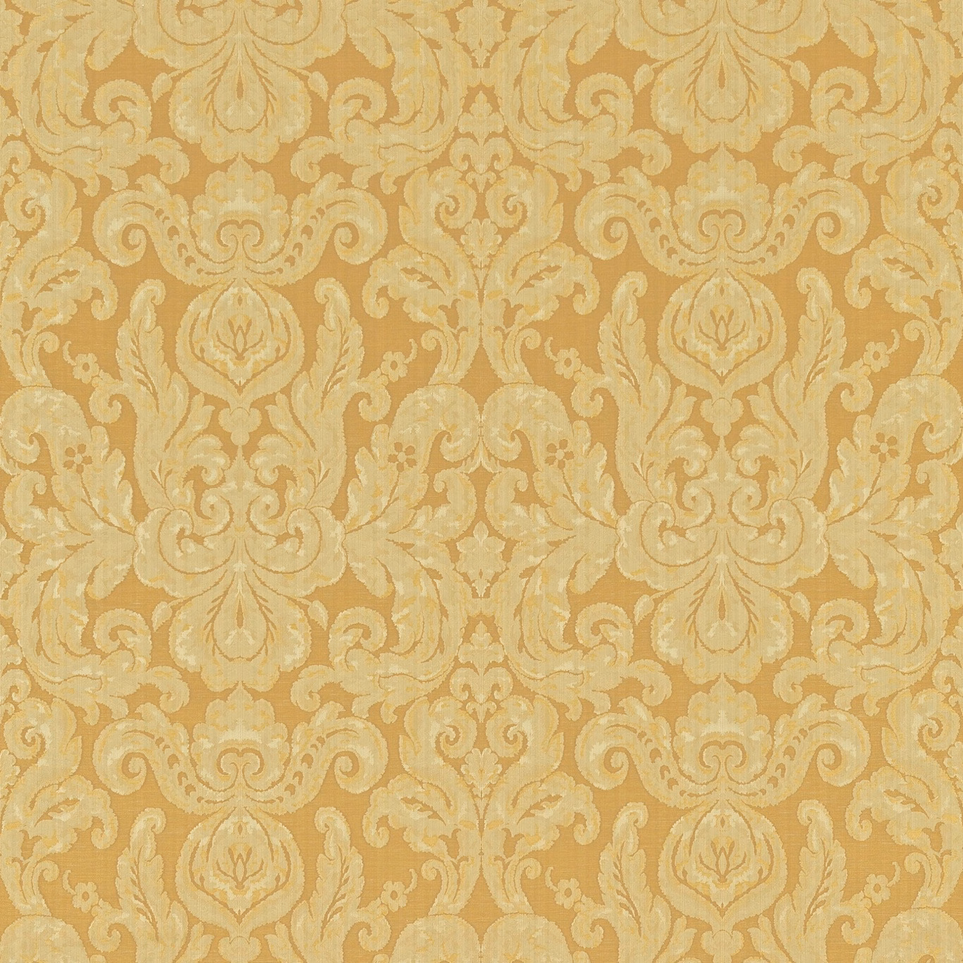 Warm beige and antique-gold damask with scrolling leaves and a softly textured weave