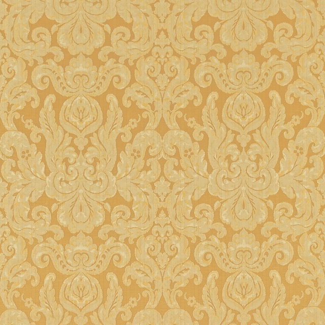Warm beige and antique-gold damask with scrolling leaves and a softly textured weave