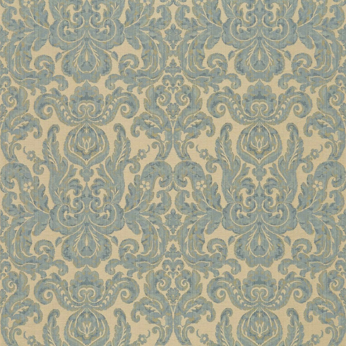 Muted blue-grey and beige damask with scrolling foliage and softly textured woven detail