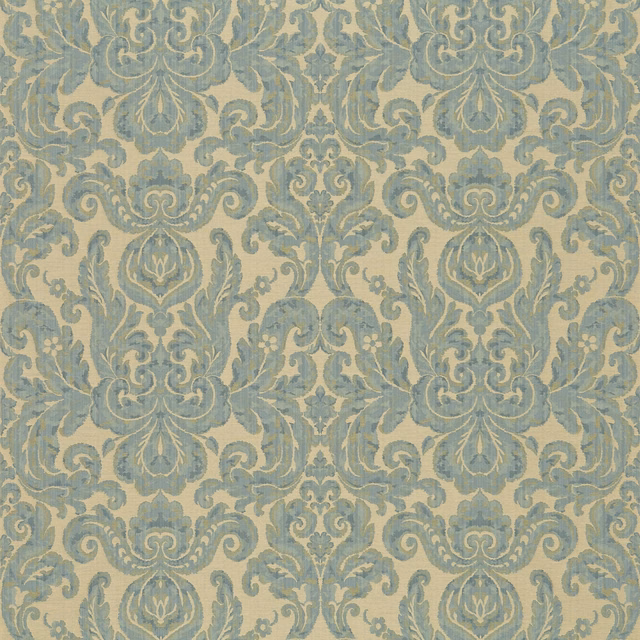 Muted blue-grey and beige damask with scrolling foliage and softly textured woven detail