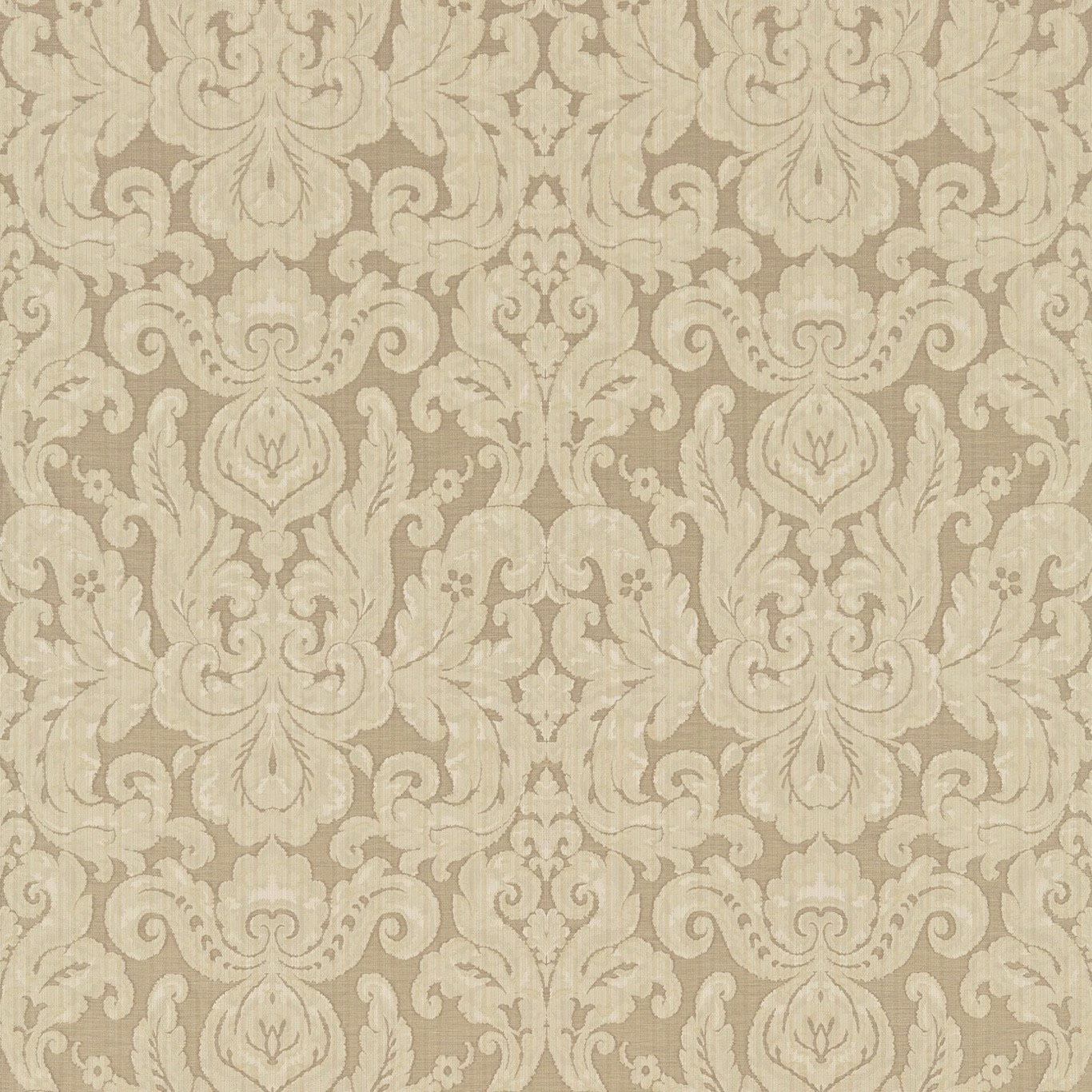 Muted grey-taupe woven damask with pale scrolling acanthus and floral motifs