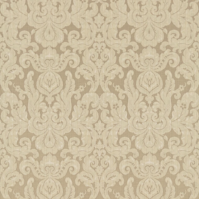 Muted grey-taupe woven damask with pale scrolling acanthus and floral motifs