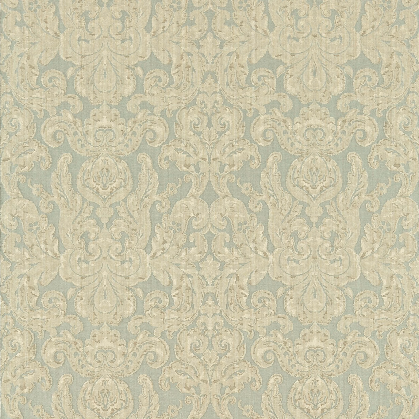 Pale blue damask with cream acanthus scrolls and softly raised woven texture