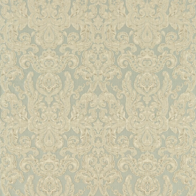 Pale blue damask with cream acanthus scrolls and softly raised woven texture