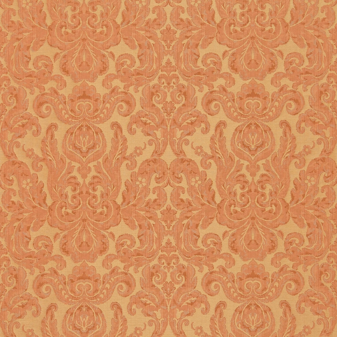 Warm terracotta damask with coral scrolling leaves and symmetrical floral motifs