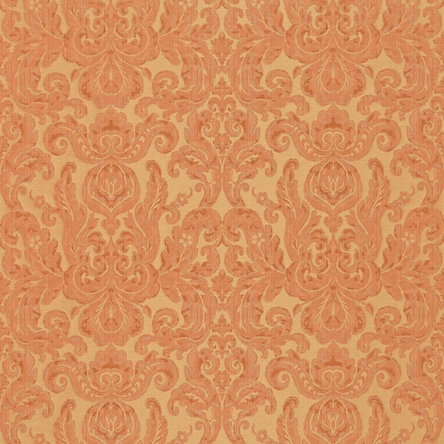 Warm terracotta damask with coral scrolling leaves and symmetrical floral motifs
