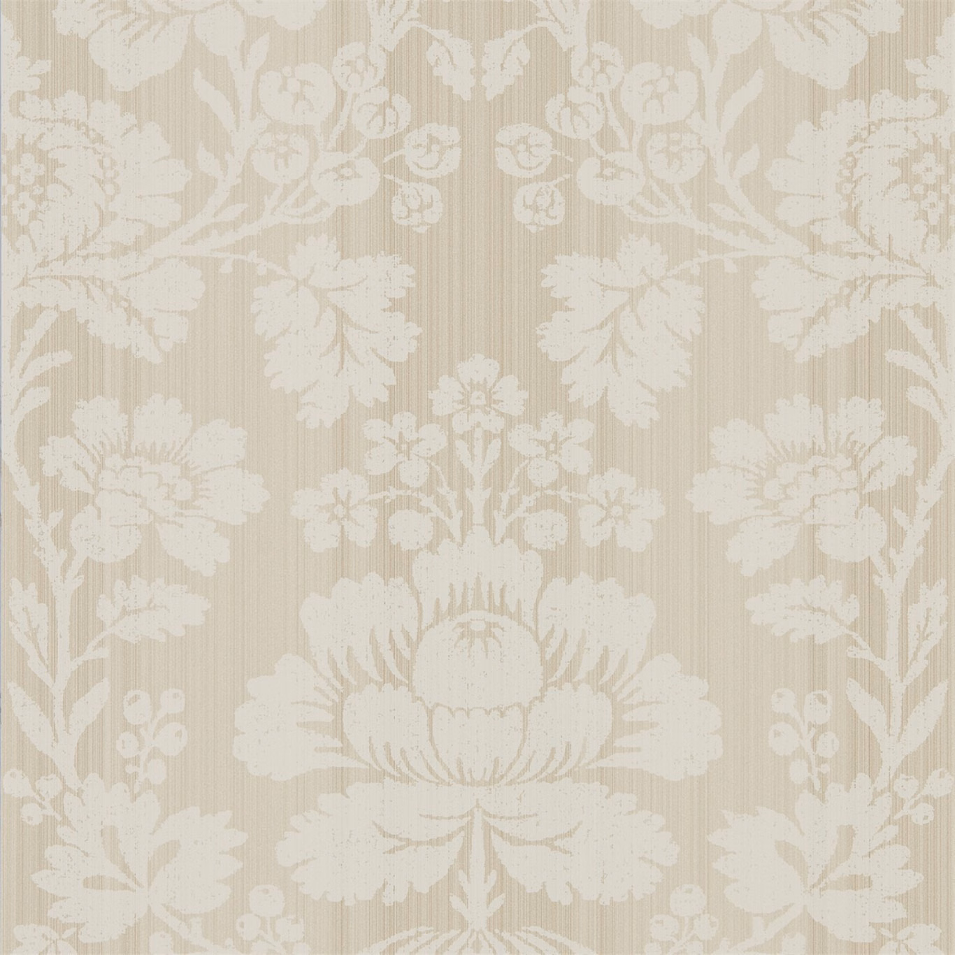 Pale greige wallpaper with ivory damask blooms, scrolling foliage and fine vertical striations