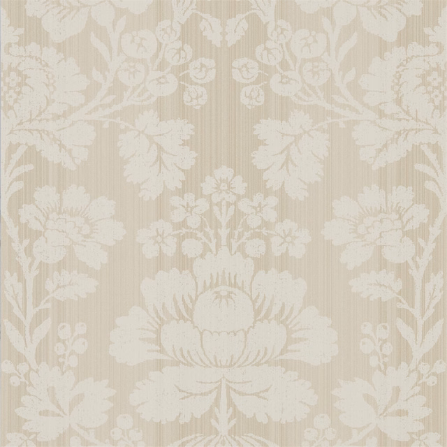 Pale greige wallpaper with ivory damask blooms, scrolling foliage and fine vertical striations