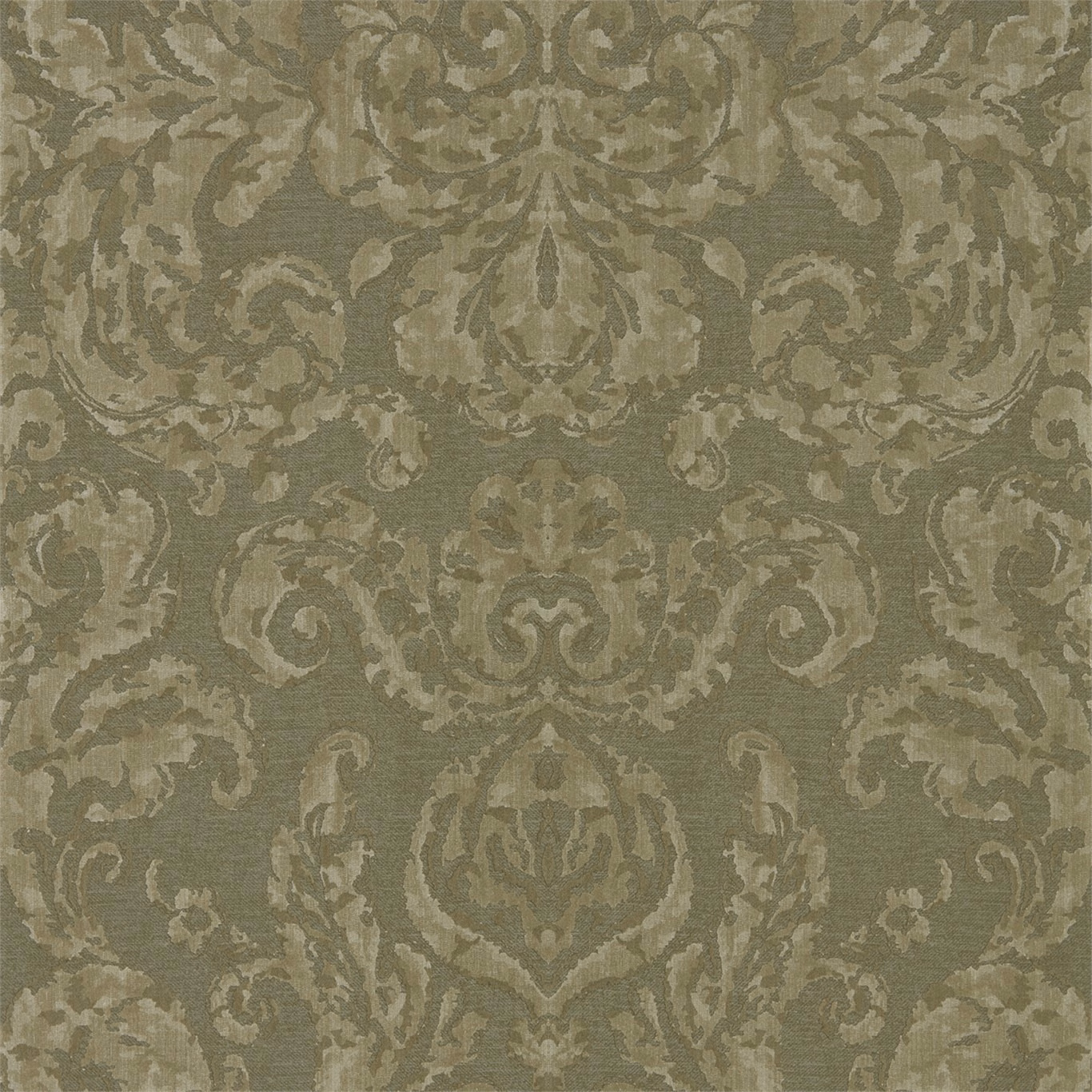 Muted olive damask wallpaper with pale scrolling foliage and a softly textured ground