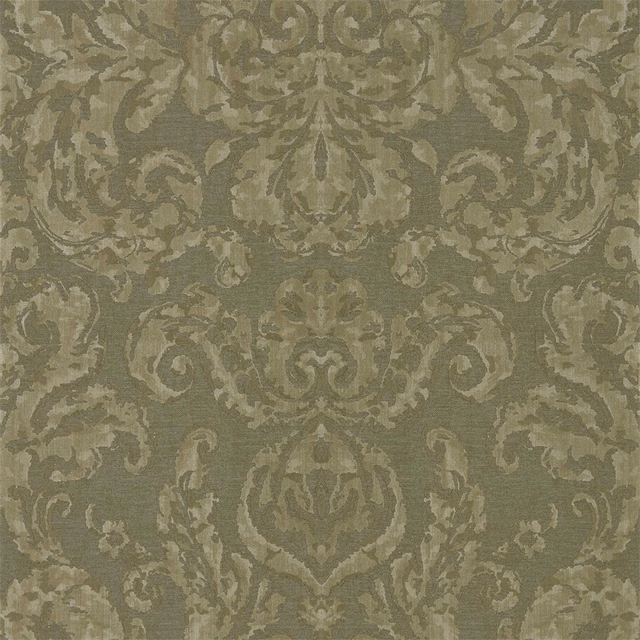 Muted olive damask wallpaper with pale scrolling foliage and a softly textured ground