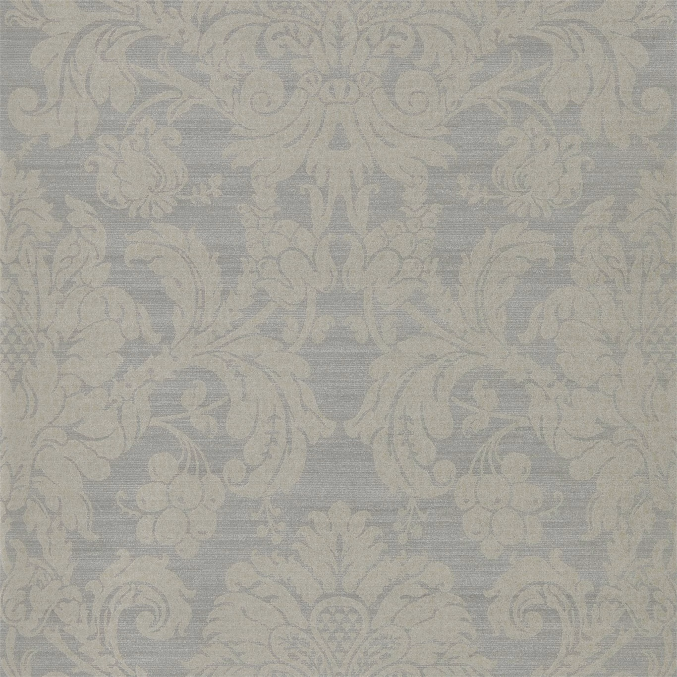 Muted bronze-grey wallpaper with a pale damask scroll motif and softly textured ground