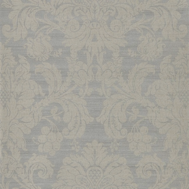 Muted bronze-grey wallpaper with a pale damask scroll motif and softly textured ground