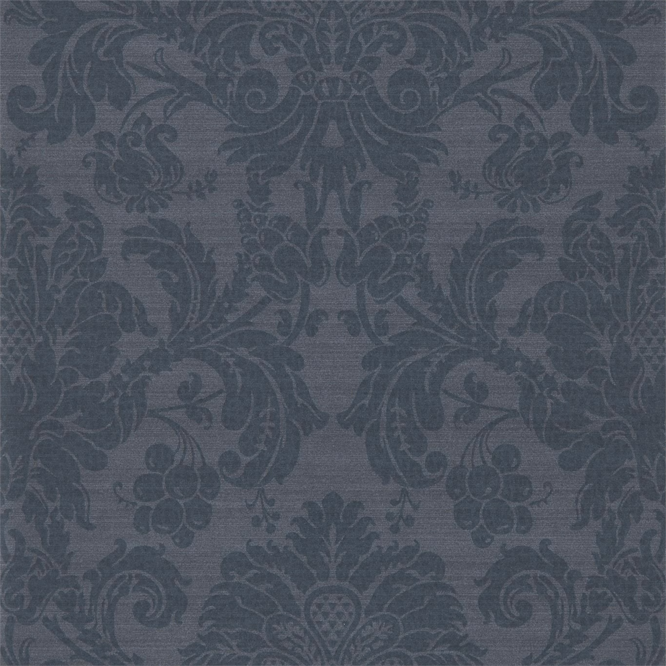 Blue-grey damask wallpaper with charcoal scrolling foliage and floral motifs