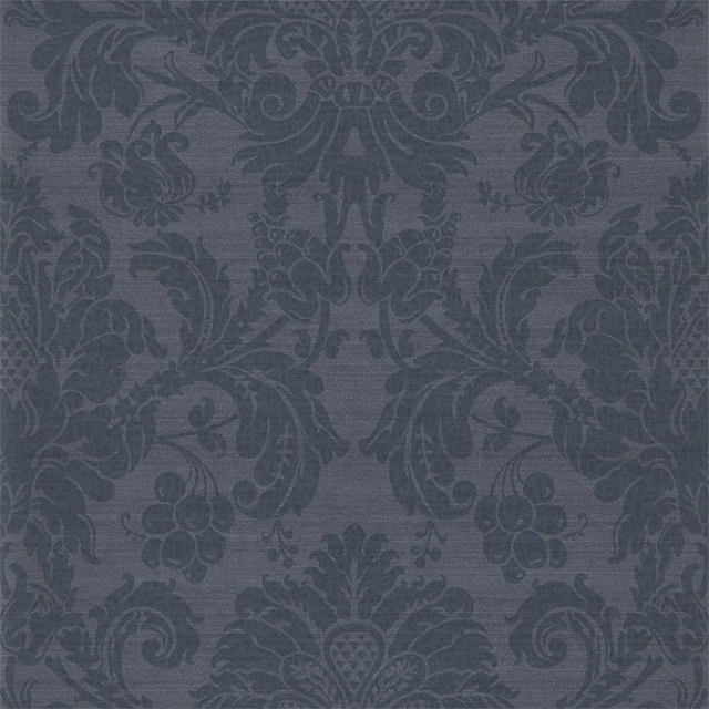 Blue-grey damask wallpaper with charcoal scrolling foliage and floral motifs
